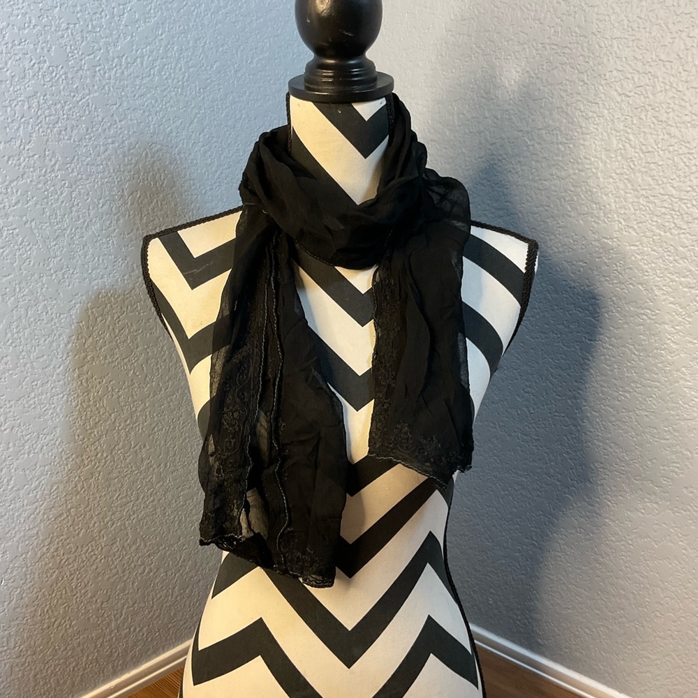 Elegant Black Sheer embroidery Scarf